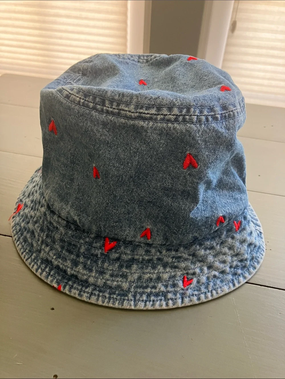 ZARA Kids Faded Denim Bucket Hat w/ Red Heart Embroidery OS Pre-Loved